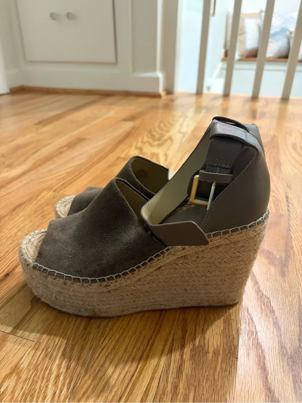 Marc Fisher Olive Suede Espadrille Wedge Sandals with Ankle Buckle